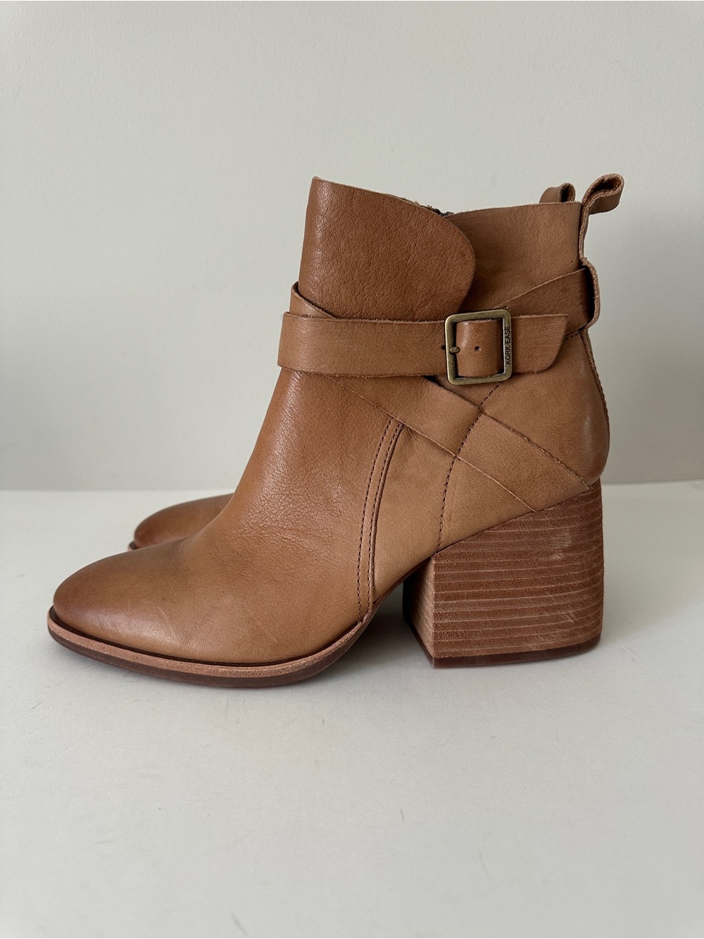 NEW Kork-Ease Joelle Tan Leather Block Heel Ankle Women's Booties, Sz 9.5M